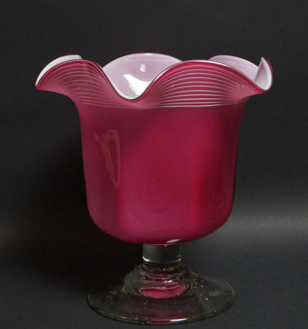 アンティーク大正ウランガラス宙吹き千筋文大型氷コップグラス花器 気泡入美品希少品