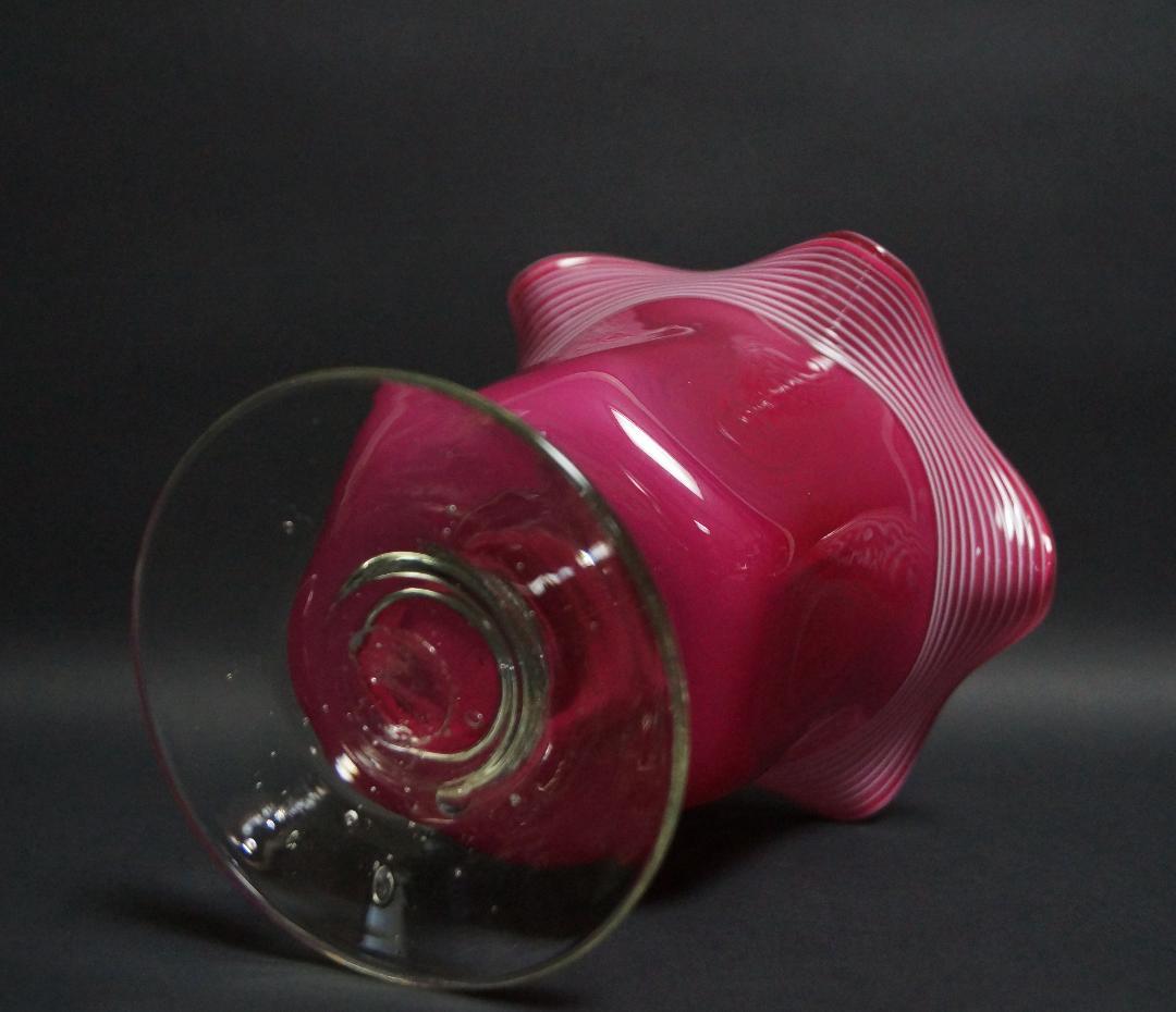 アンティーク大正ウランガラス宙吹き千筋文大型氷コップグラス花器 気泡入美品希少品