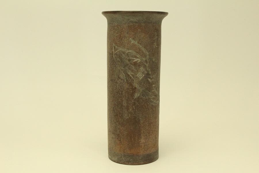 中国美術 朱泥 刻花鳥紋 在印 筒花瓶 骨董 時代物(HA528)