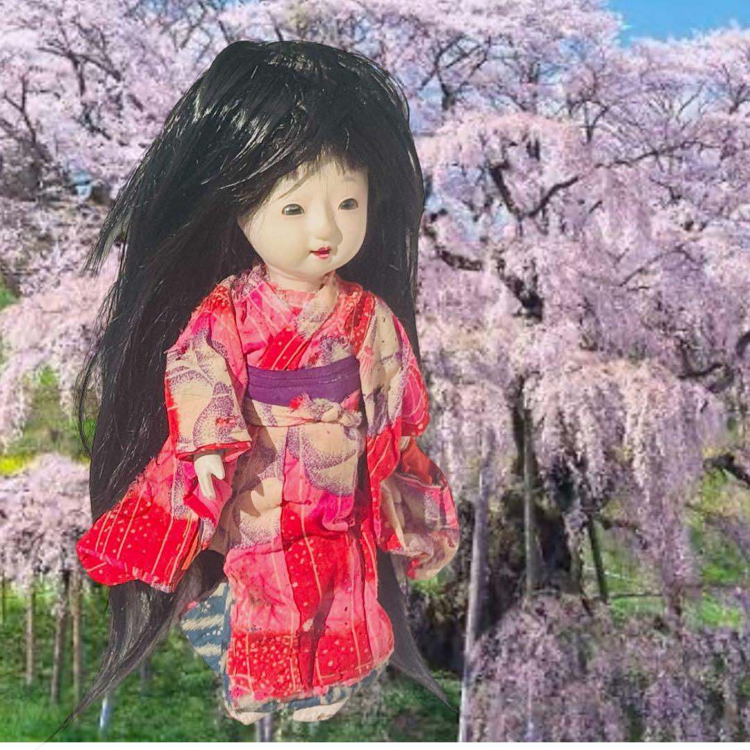 市松人形 明治後期 市印 朱印 三つ折れ 単色黒目 ガラス目 縮緬 着物 伝統工