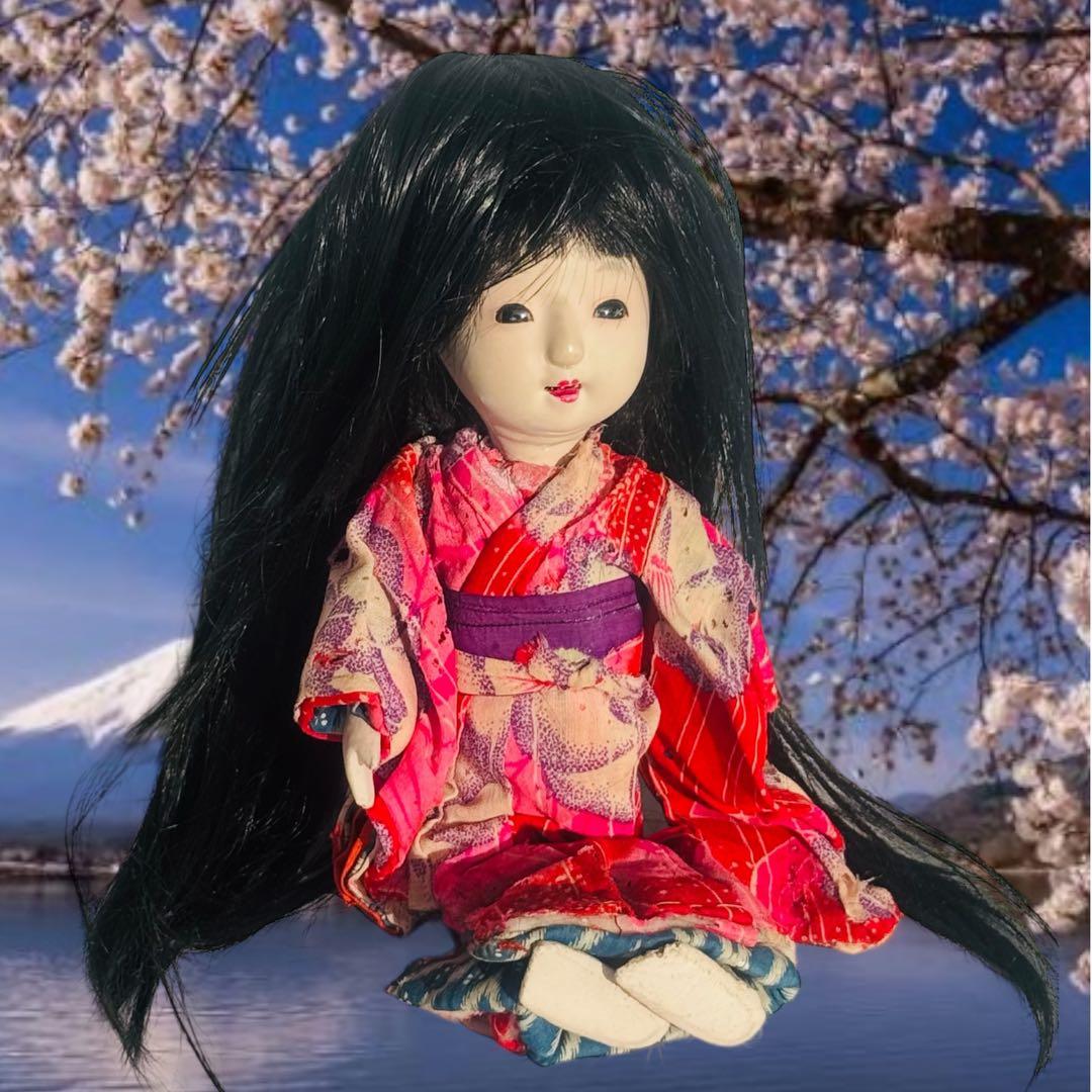 市松人形 明治後期 市印 朱印 三つ折れ 単色黒目 ガラス目 縮緬 着物 伝統工