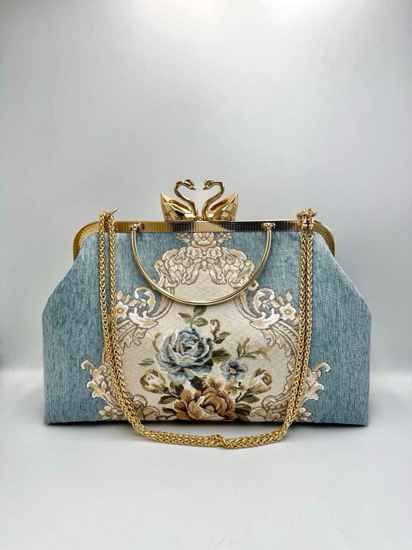 【ハンドメイド】がま口バッグ　白鳥 と薔薇　ヨーロッパ風　3way #478