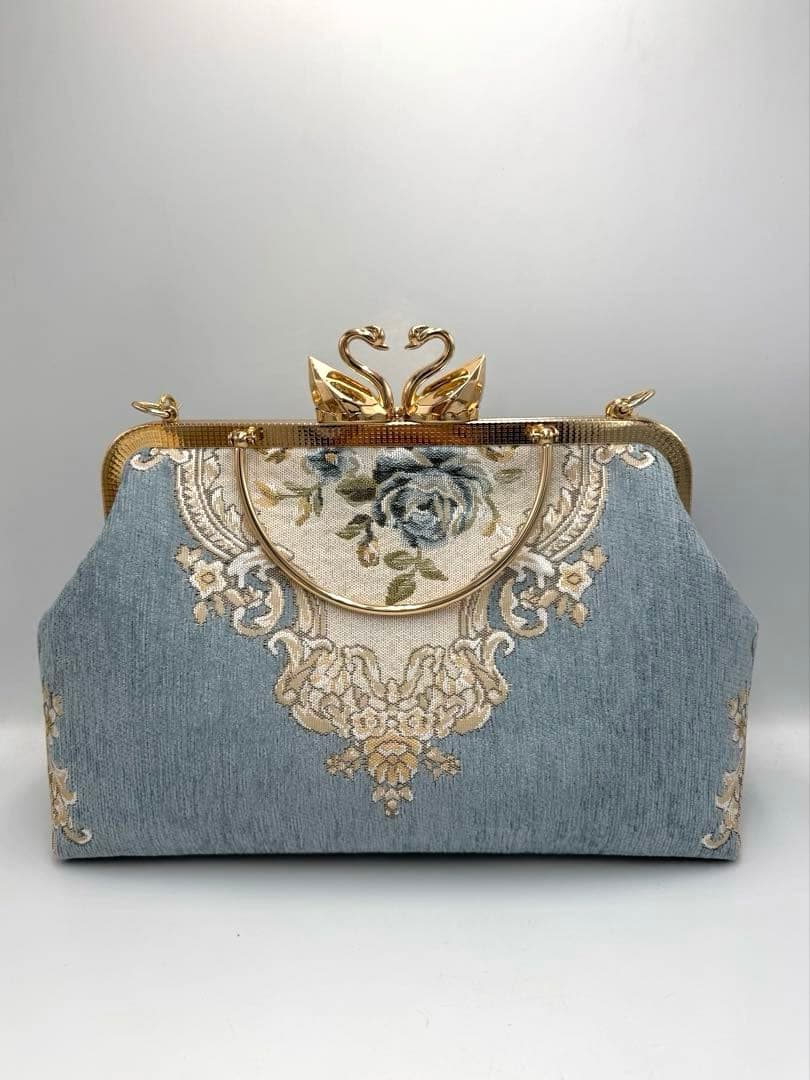 【ハンドメイド】がま口バッグ　白鳥 と薔薇　ヨーロッパ風　3way #478