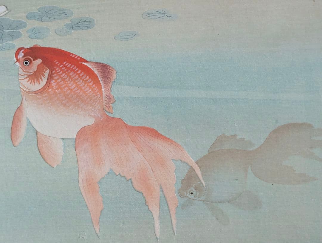 小原古邨「睡蓮に二匹の金魚」本物木版画