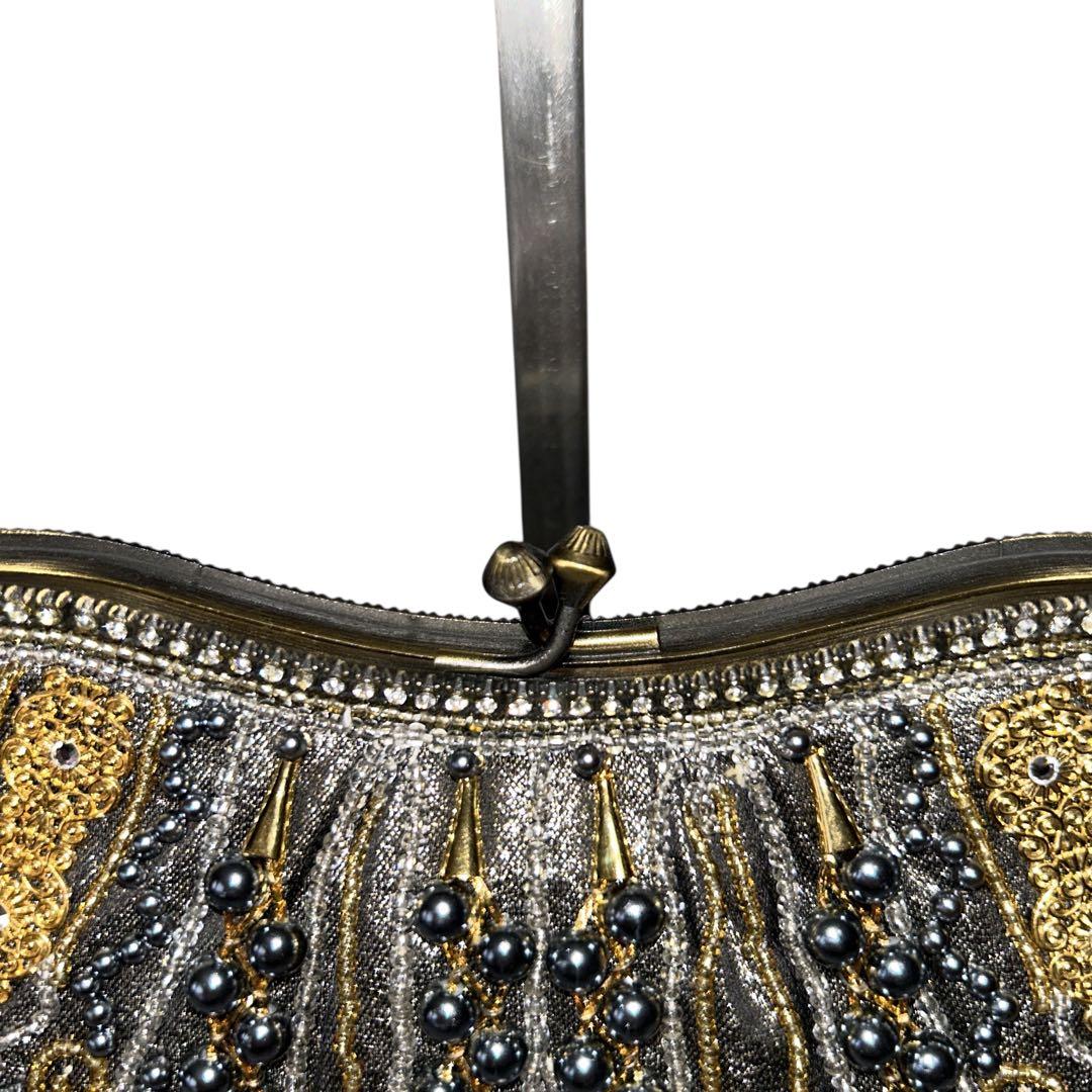 ビーズバッグ パーティバッグ がま口 チェーン ゴールド×ブラック 和装バッグ