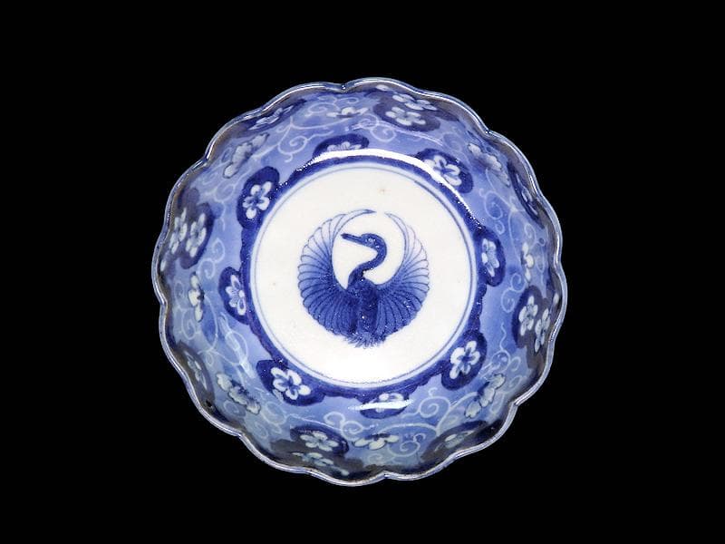 古伊万里　染付　墨弾き　梅花に舞鶴紋の図　膾皿　２客　E520AS-COd