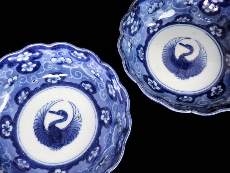 古伊万里　染付　墨弾き　梅花に舞鶴紋の図　膾皿　２客　E520AS-COd