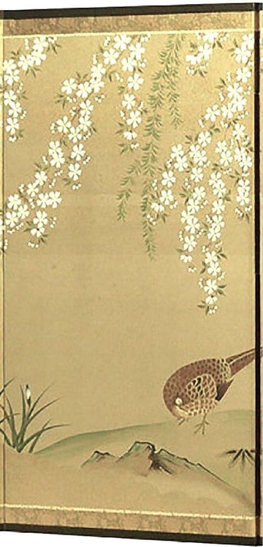 四つ折り屏風　日本画　絹本彩色　桜に雉