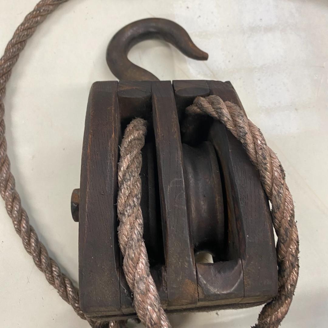昭和レトロ　木製滑車セット　ロープ付き