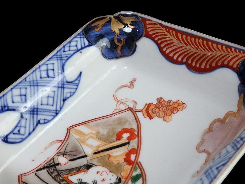 古伊万里　色絵　青海波にお福さんの図　角皿 ２客　C084AS-DAa