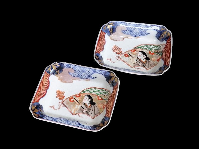 古伊万里　色絵　青海波にお福さんの図　角皿 ２客　C084AS-DAa