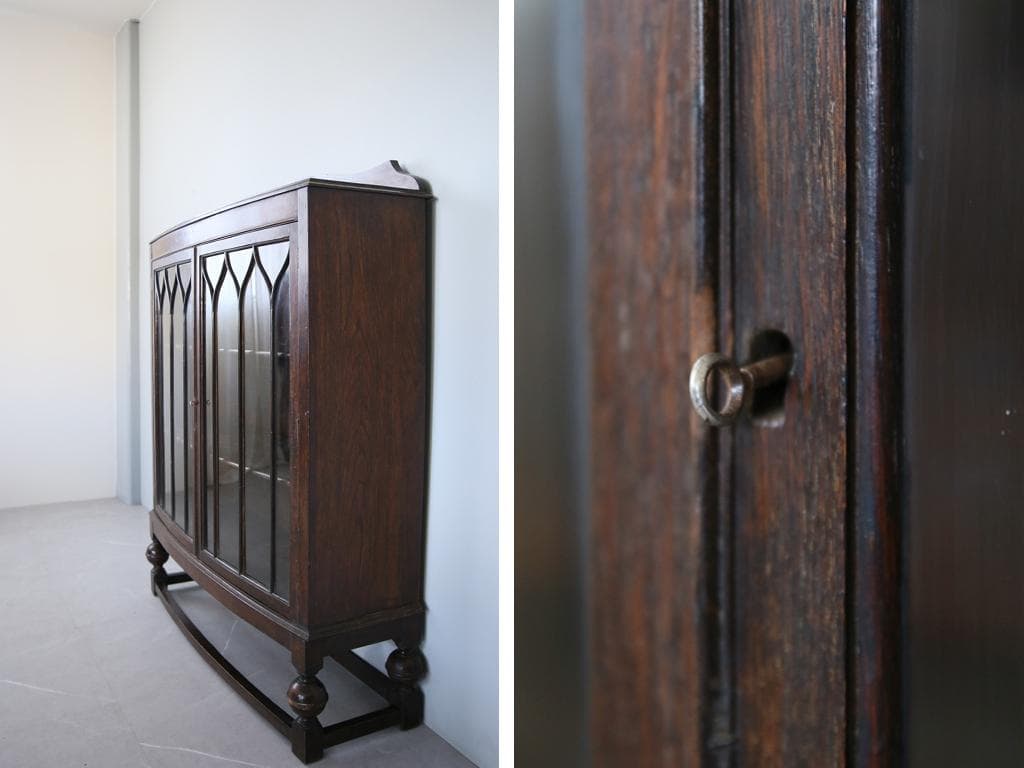 英国アンティーク木製ブックケースキャビネット/本棚/食器棚/飾り棚(91-210