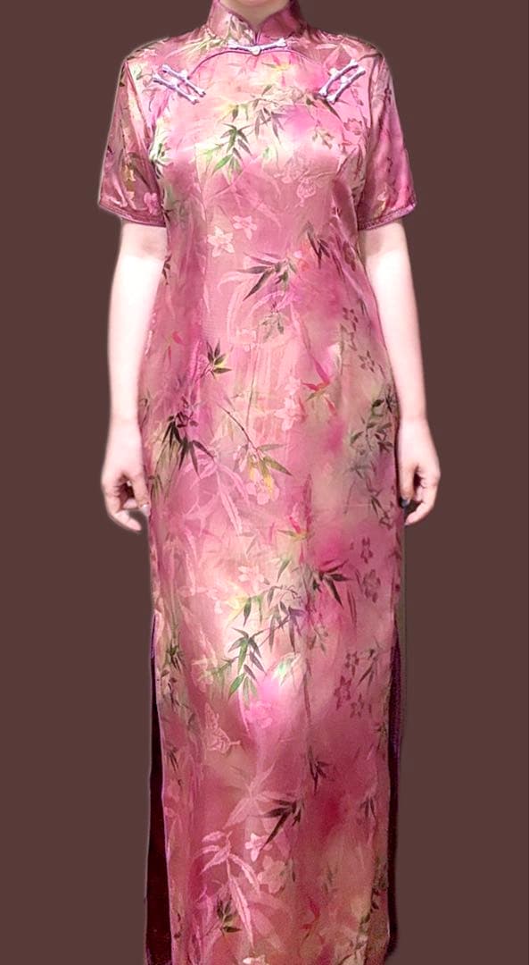 【桃色ワカメページ】ジャカード シルク チャイナドレス ロングワンピース