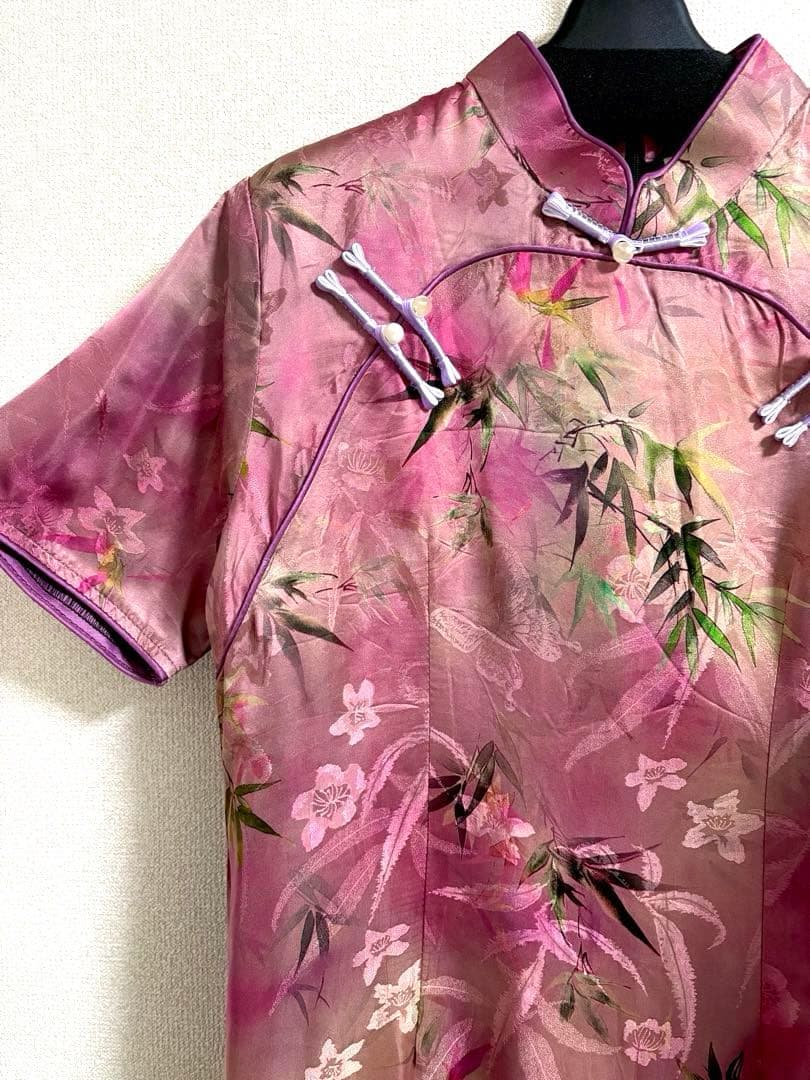 【桃色ワカメページ】ジャカード シルク チャイナドレス ロングワンピース