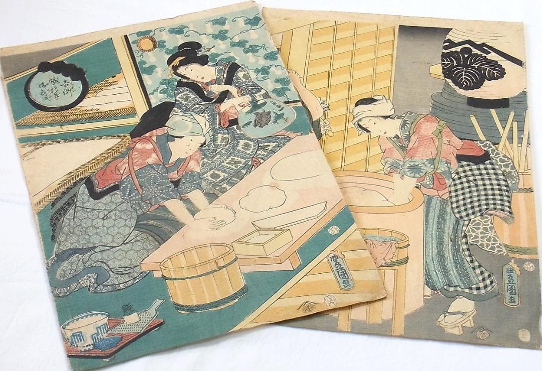 歌川国貞 浮世絵 木版画 餅つき風景2枚セット 年中行事 美人画 江戸時代