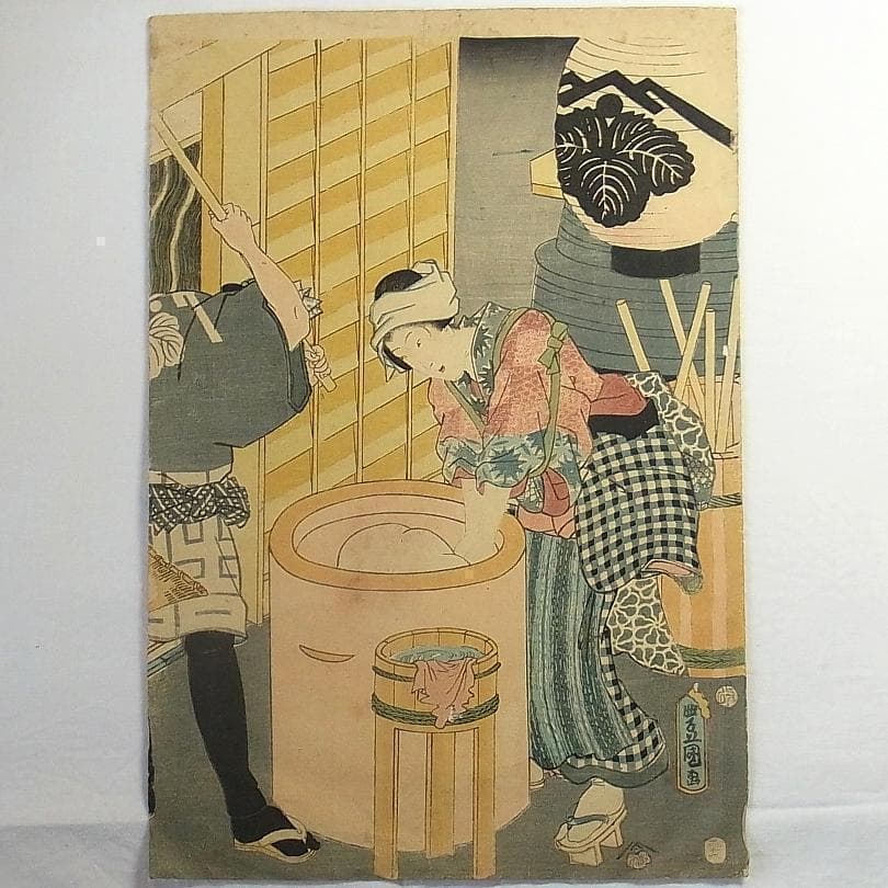 歌川国貞 浮世絵 木版画 餅つき風景2枚セット 年中行事 美人画 江戸時代