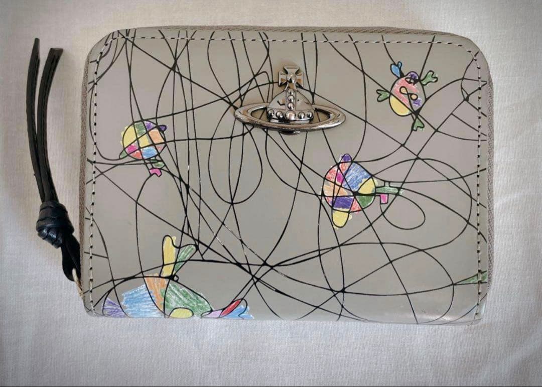 ヴィヴィアンウエストウッド 本革 ミニ財布 オーブ グレー 手書き風アート