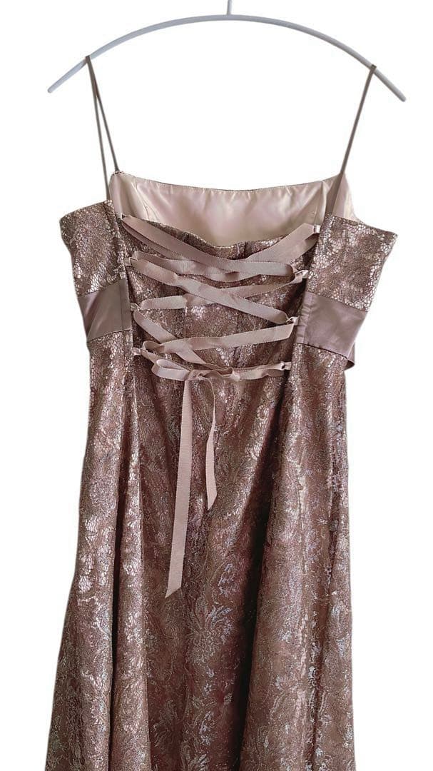 ブロンズ　パーティ　総レース ロングドレス　リボン