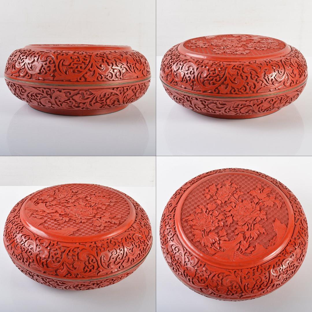 中国　剔紅　堆朱　内黒漆　花文　蓋物　G　R6246B