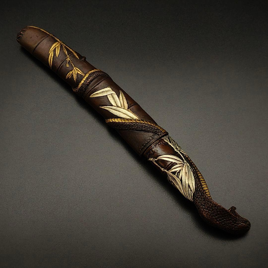 銅製刀装具　短刀拵　柄鞘一式　王蛇の図　絵金銀　金工品　細工　刀装具　刀剣美術