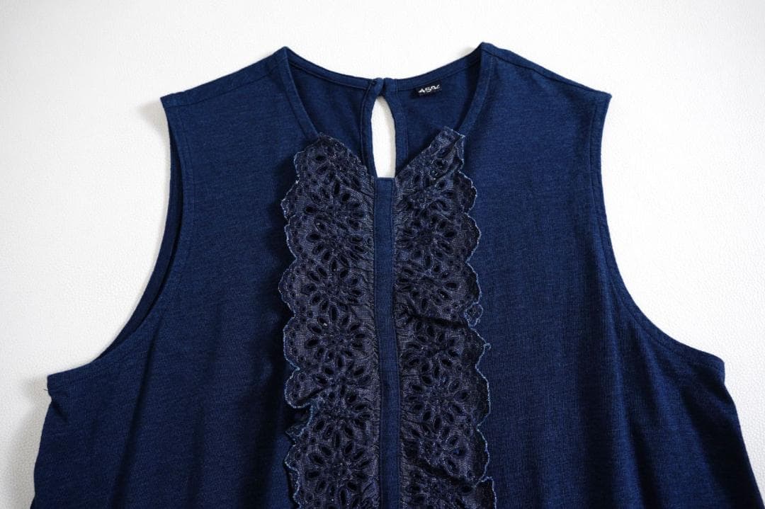 45R ハケ目カットワーク×天竺のキャミソール（インディゴ）.