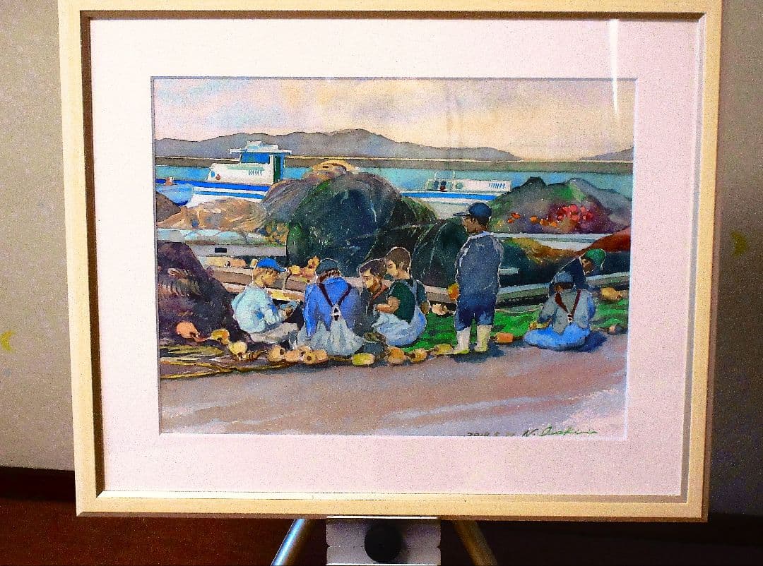 漁師の網繕い(水彩画-額縁付き)