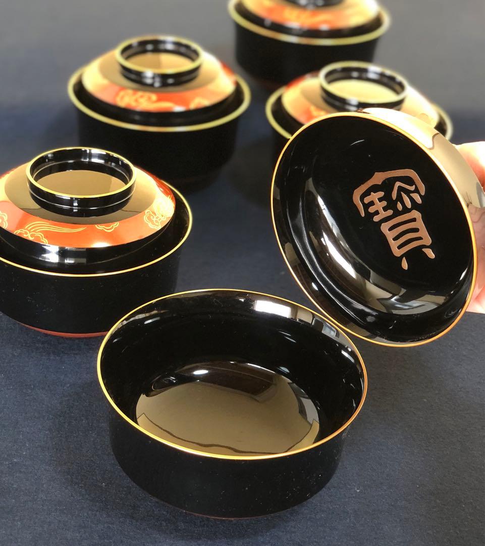 《R》輪島塗 煮物椀5客 塗師静峰 蒔絵師松三 共布 共箱 251218か1