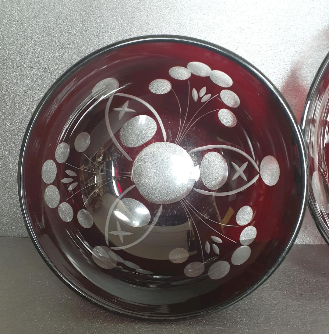 時代物　古硝子　赤被せガラス　切子　ボウル　鉢　2点　【昭和レトロ】No.3