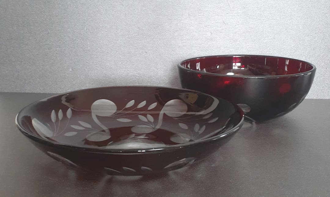時代物　古硝子　赤被せガラス　切子　ボウル　鉢　2点　【昭和レトロ】No.3