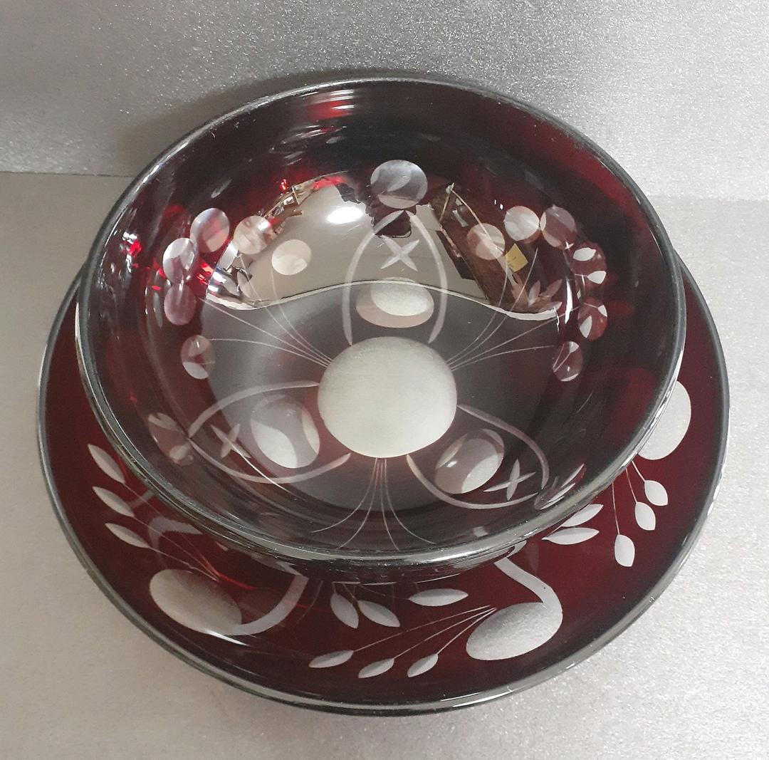 時代物　古硝子　赤被せガラス　切子　ボウル　鉢　2点　【昭和レトロ】No.3