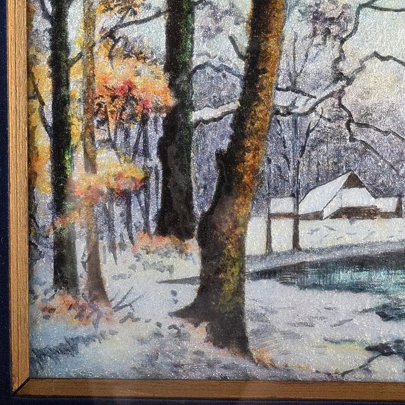 リモージュ磁器　七宝焼　リモージュ・エマイユ　冬景色文額　額装　G　R7857B