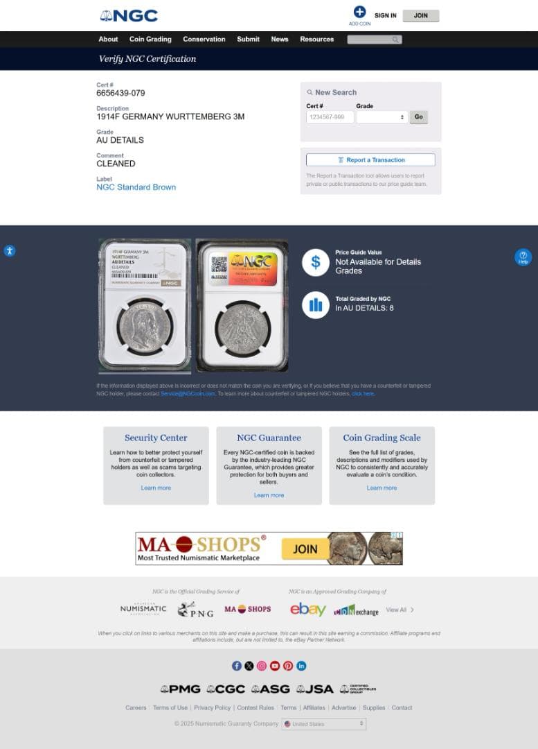 NGC-AU 洗浄 1914F ヴュルテンベルク ヴィルヘルム2世 3マルク銀貨