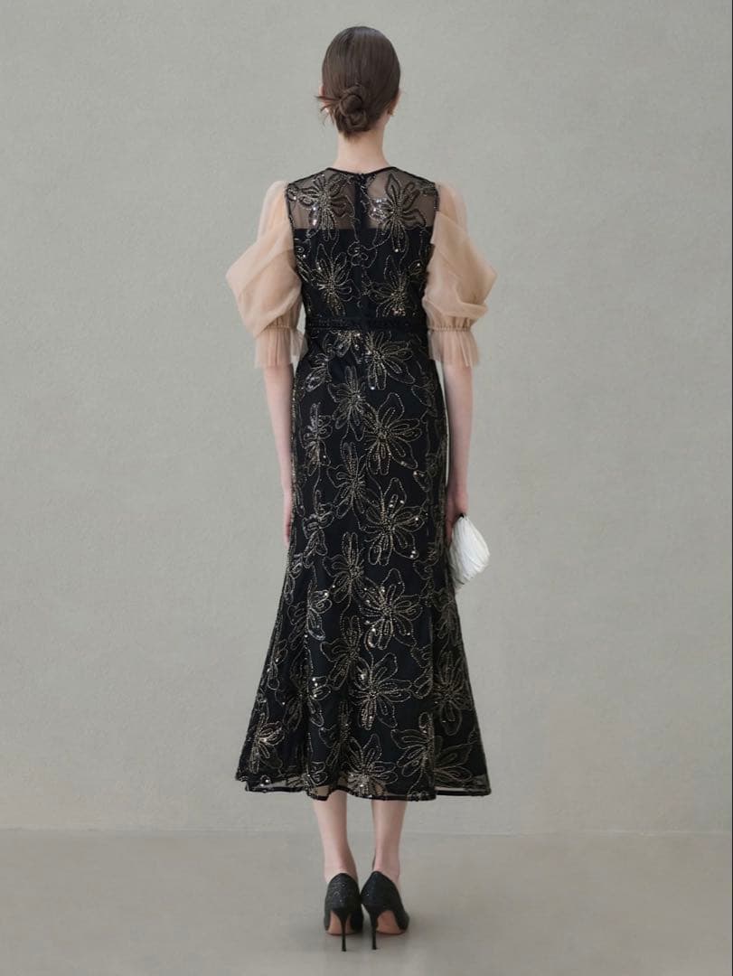 スパンコールフラワーリボンチュールワンピースドレス結婚式二次会パーティー成人式