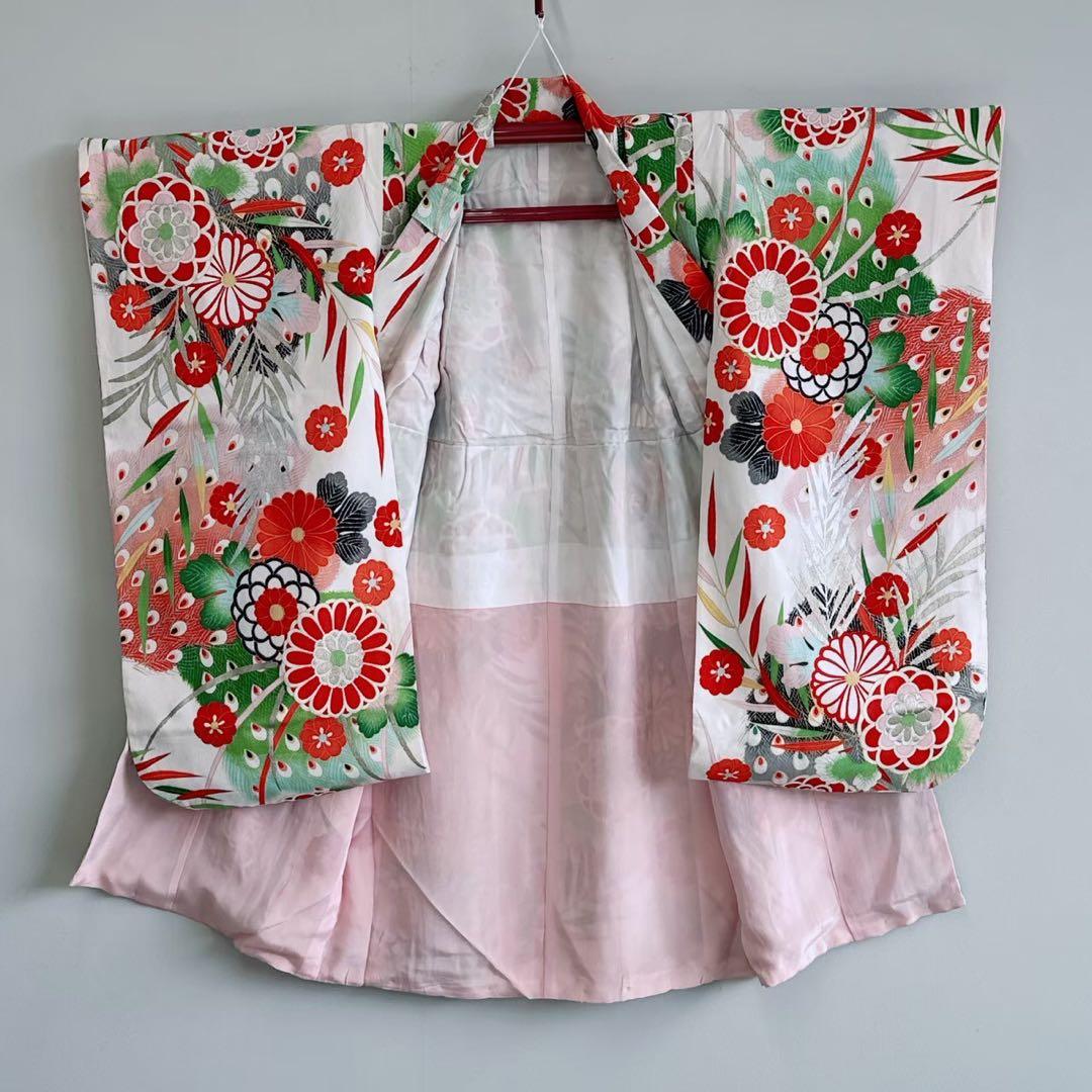 昭和レトロ　フルセット　七五三　７歳　女の子　孔雀羽　赤袋帯　簡単半衿　7083