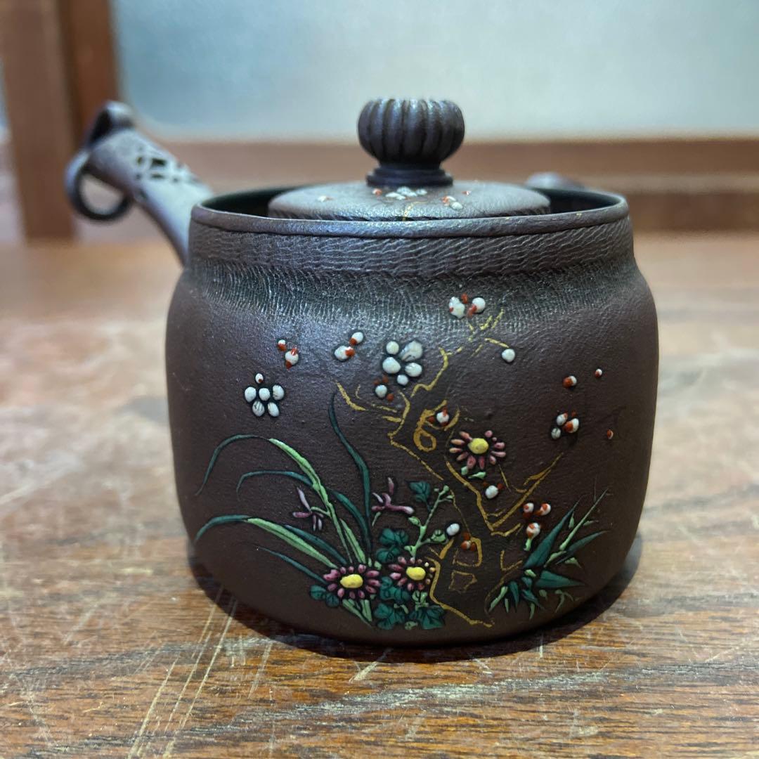庄造作萬古焼朱泥金彩色絵草花文急須 煎茶道具