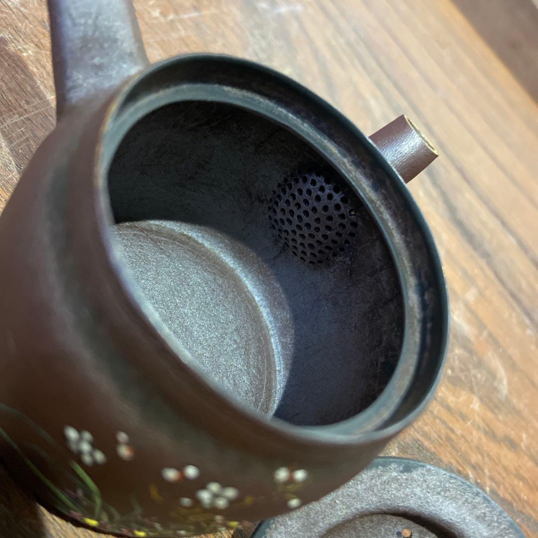 庄造作萬古焼朱泥金彩色絵草花文急須 煎茶道具