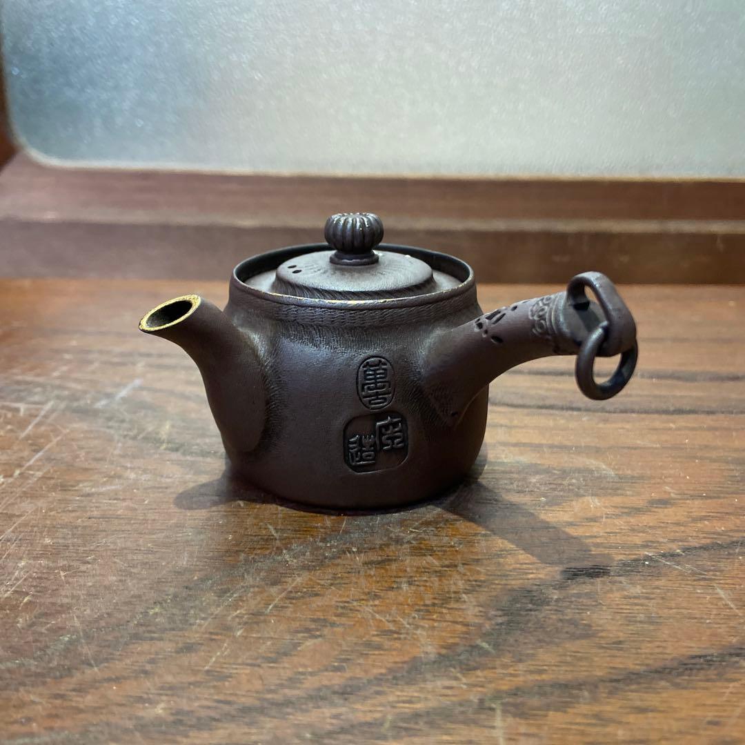 庄造作萬古焼朱泥金彩色絵草花文急須 煎茶道具