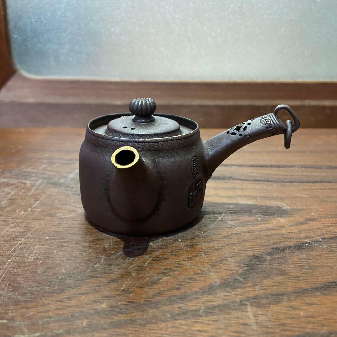 庄造作萬古焼朱泥金彩色絵草花文急須 煎茶道具