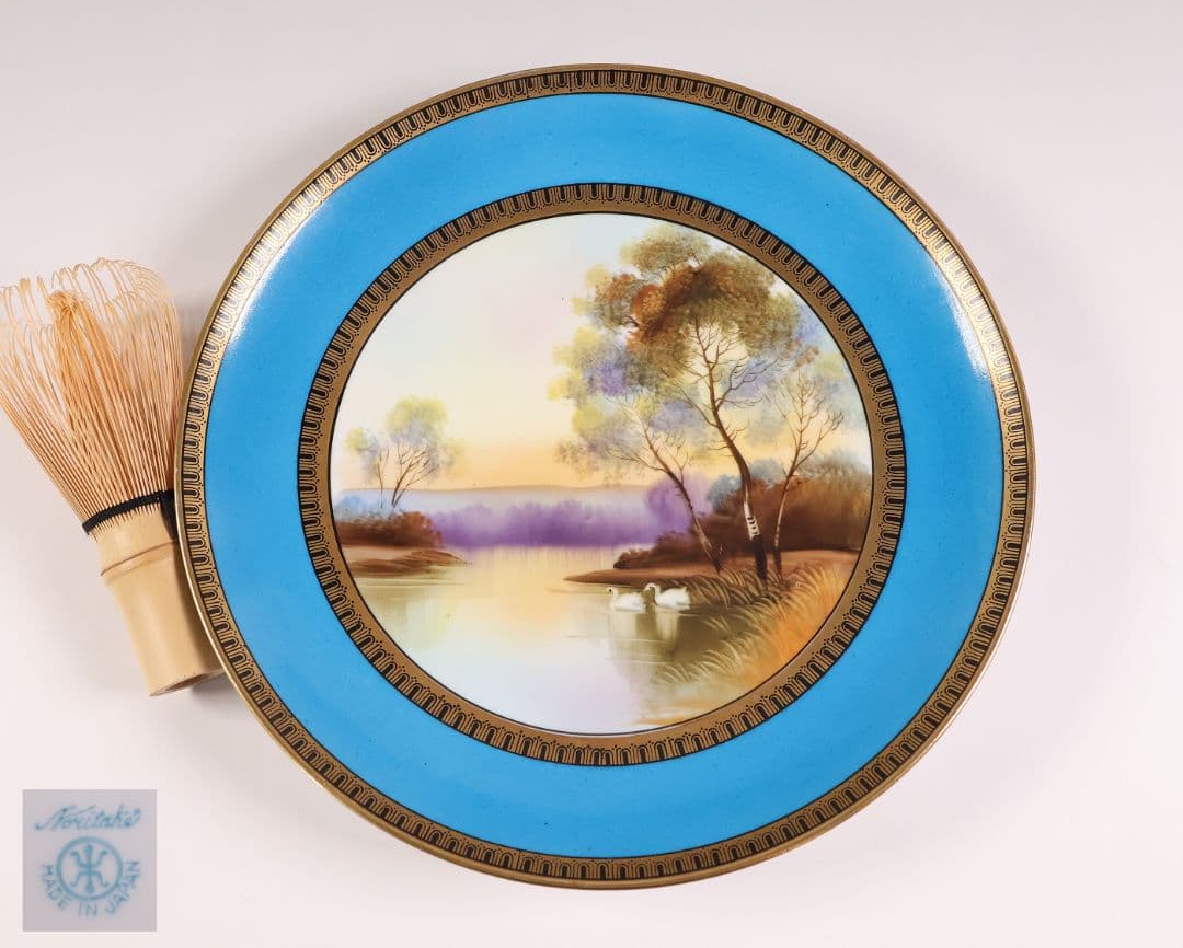 【CM300】オールドノリタケ 白鳥 風景 皿 プレート 金彩 ブルー 青 明治