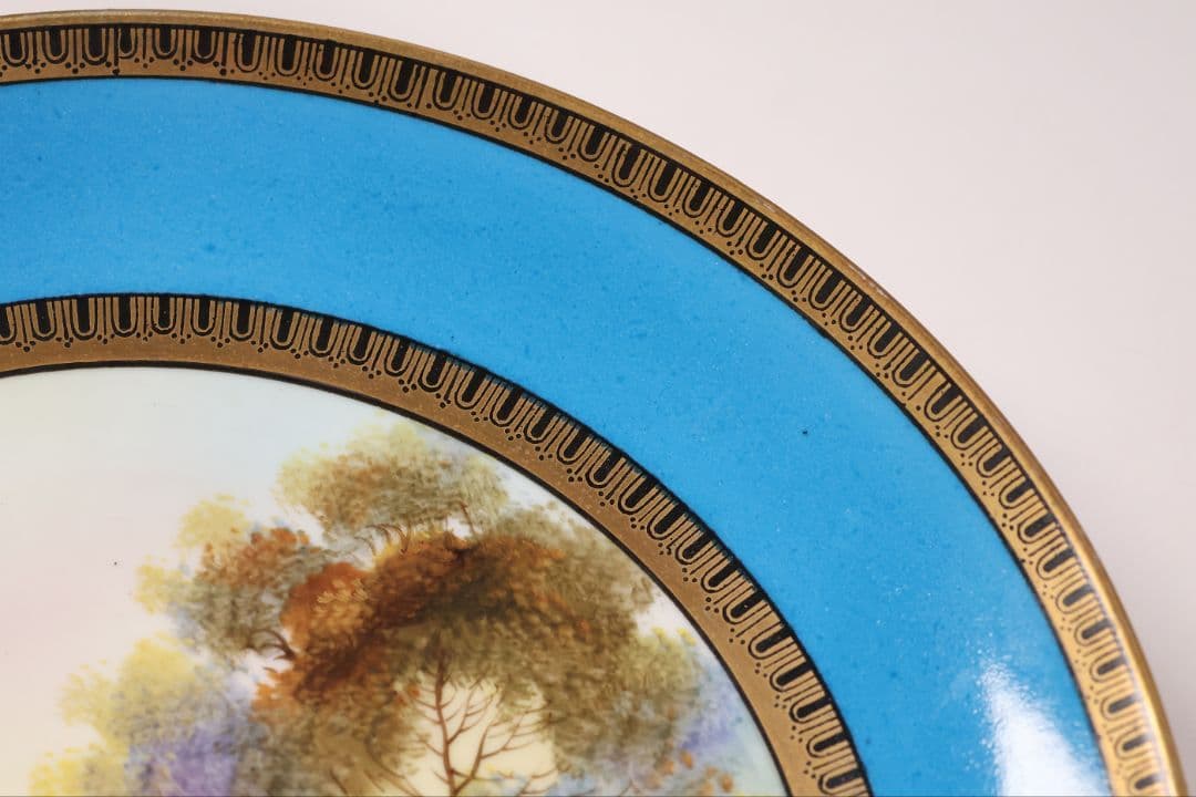 【CM300】オールドノリタケ 白鳥 風景 皿 プレート 金彩 ブルー 青 明治