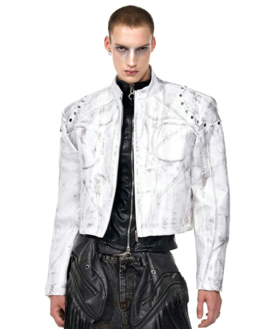 STARTEXCEEDEND ショートフェイクレザージャケット 肩パッド付き