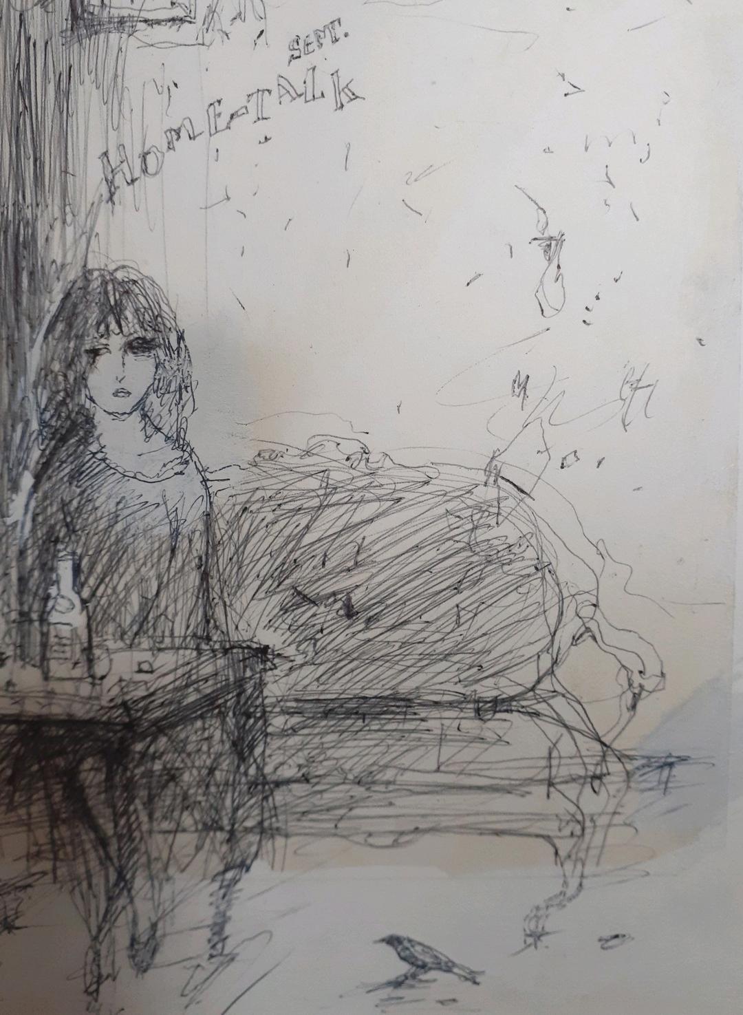 作者不明　ボールペンイラスト　女性と鳥と掛け時計の図　肉筆　SM　額装