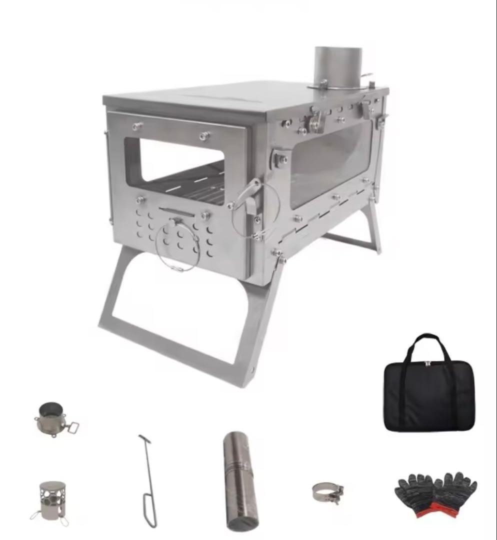 Wind travel薪ストーブ折りたたみ3面ガラス窓 ステンレス製