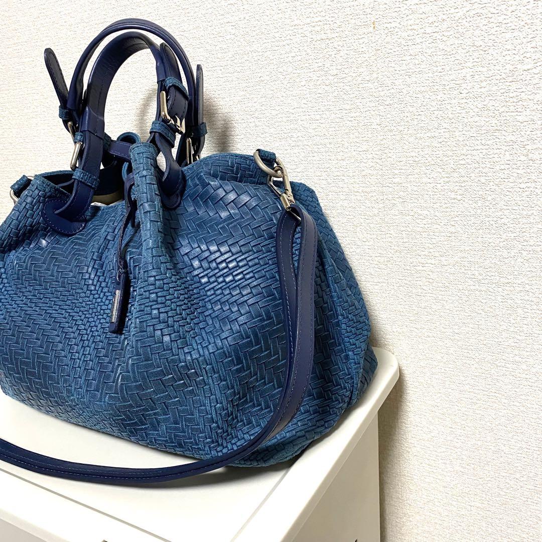 【ほぼ新品】 かねまつ メッシュ ショルダーバッグ ブルー 2way イタリア製