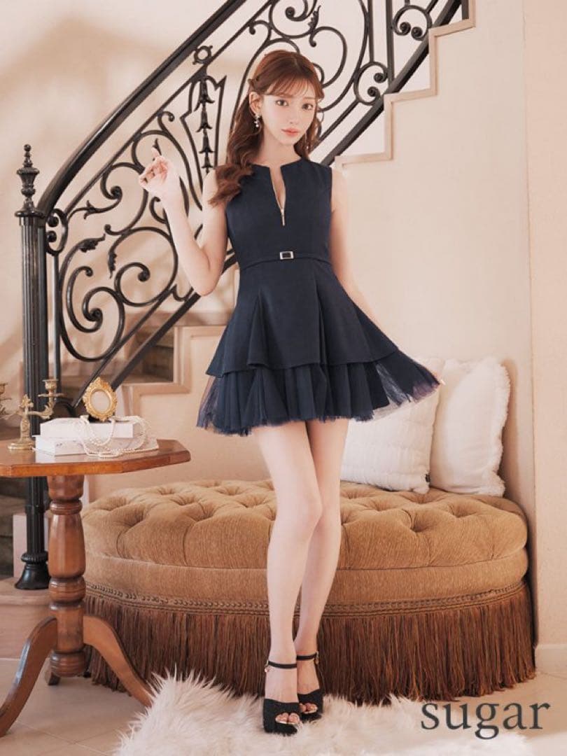 DEA robe de fleurs ネイビー フリルドレス ジッパー付き