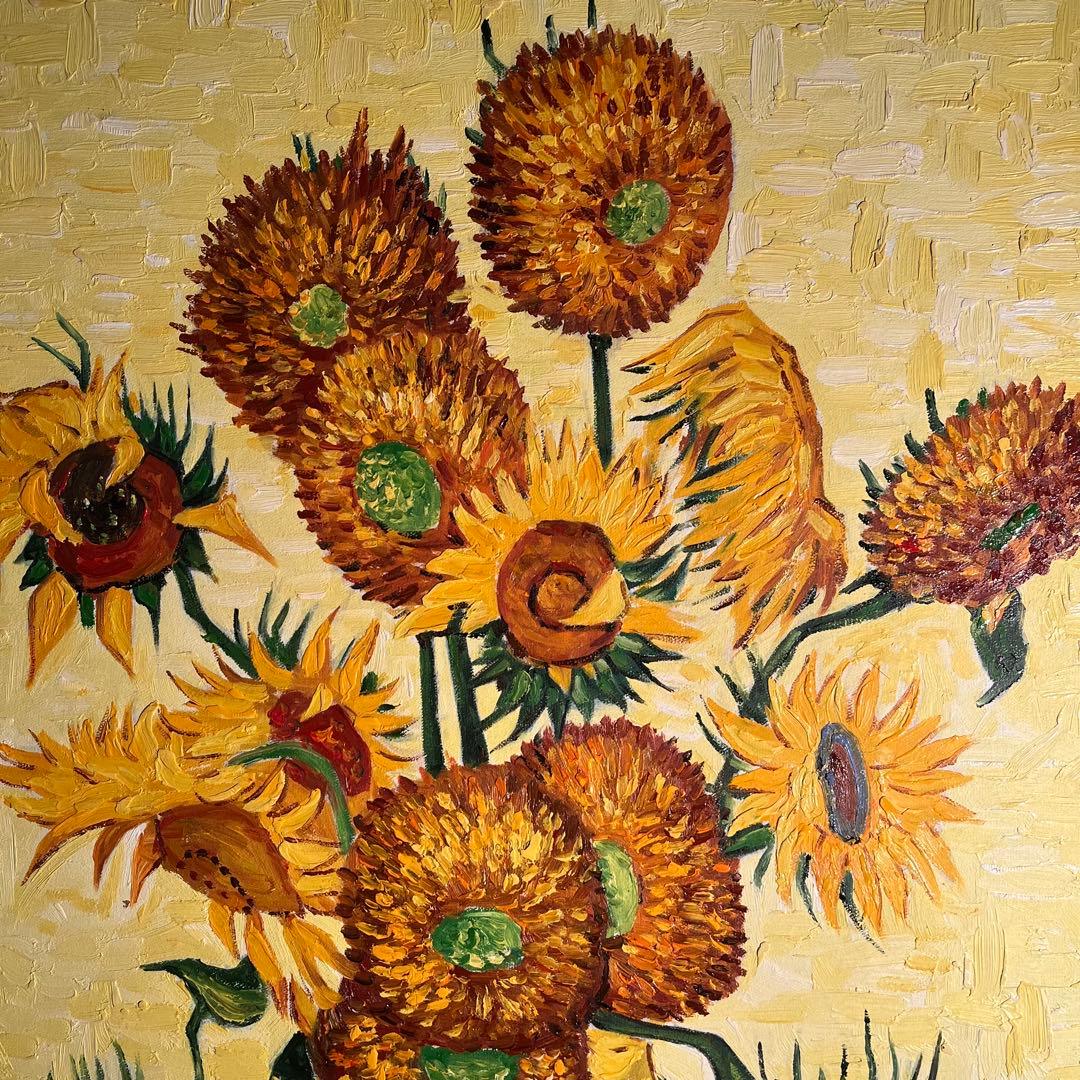 ★特大秀作★手描き油絵 ゴッホ ひまわり 額付 肉筆絵画 インテリア 油彩画