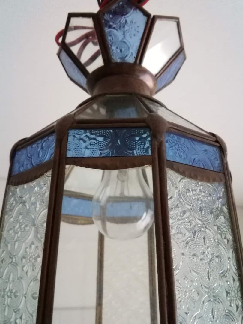 照明　ペンダントライト　型板硝子　真鍮　ステンドグラス　アンティーク　バリ島