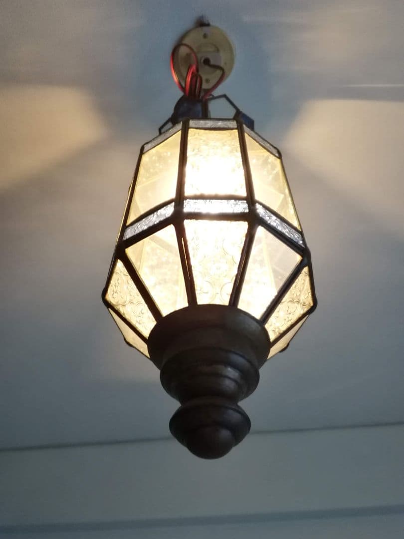 照明　ペンダントライト　型板硝子　真鍮　ステンドグラス　アンティーク　バリ島