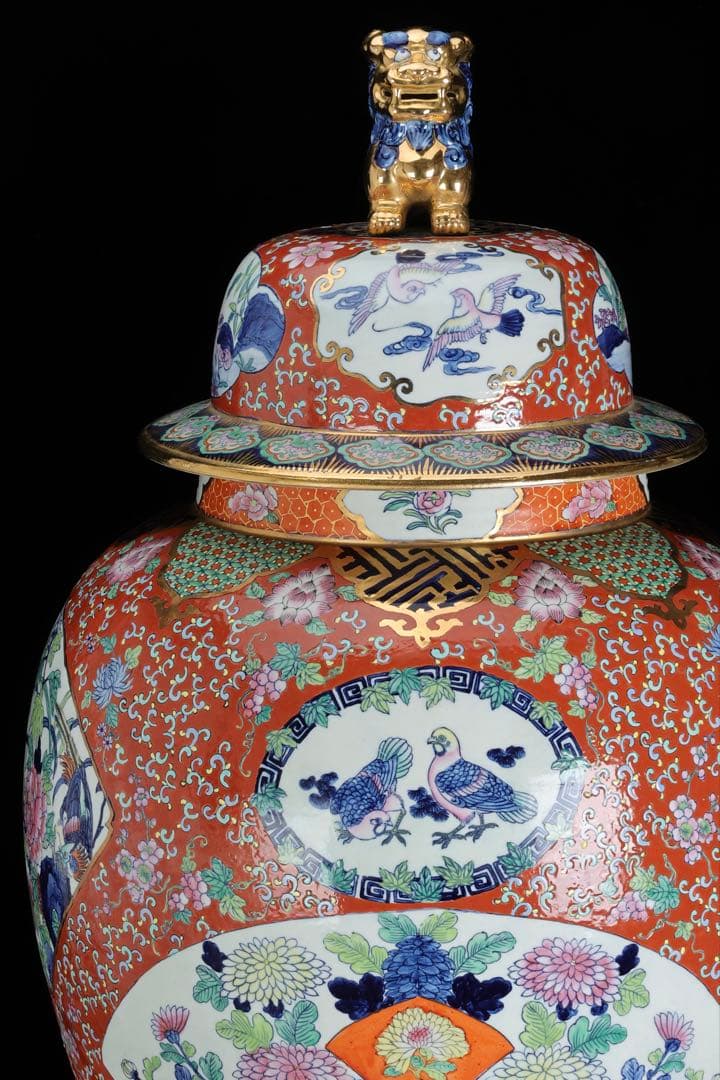 有田焼 染錦窓絵花鳥尽之図 獅子摘蓋付 沈香壺 特大99㎝ 飾壺 古美術 骨董品
