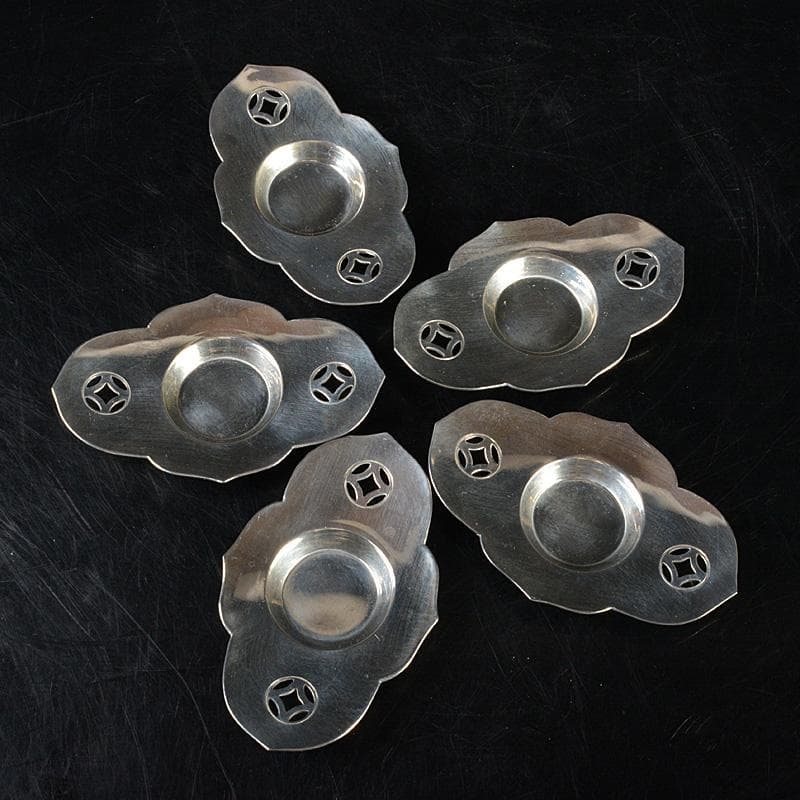 隆昌造　純錫　木瓜式　七宝透　茶托　五客　合計約292g　共箱　V　R7381